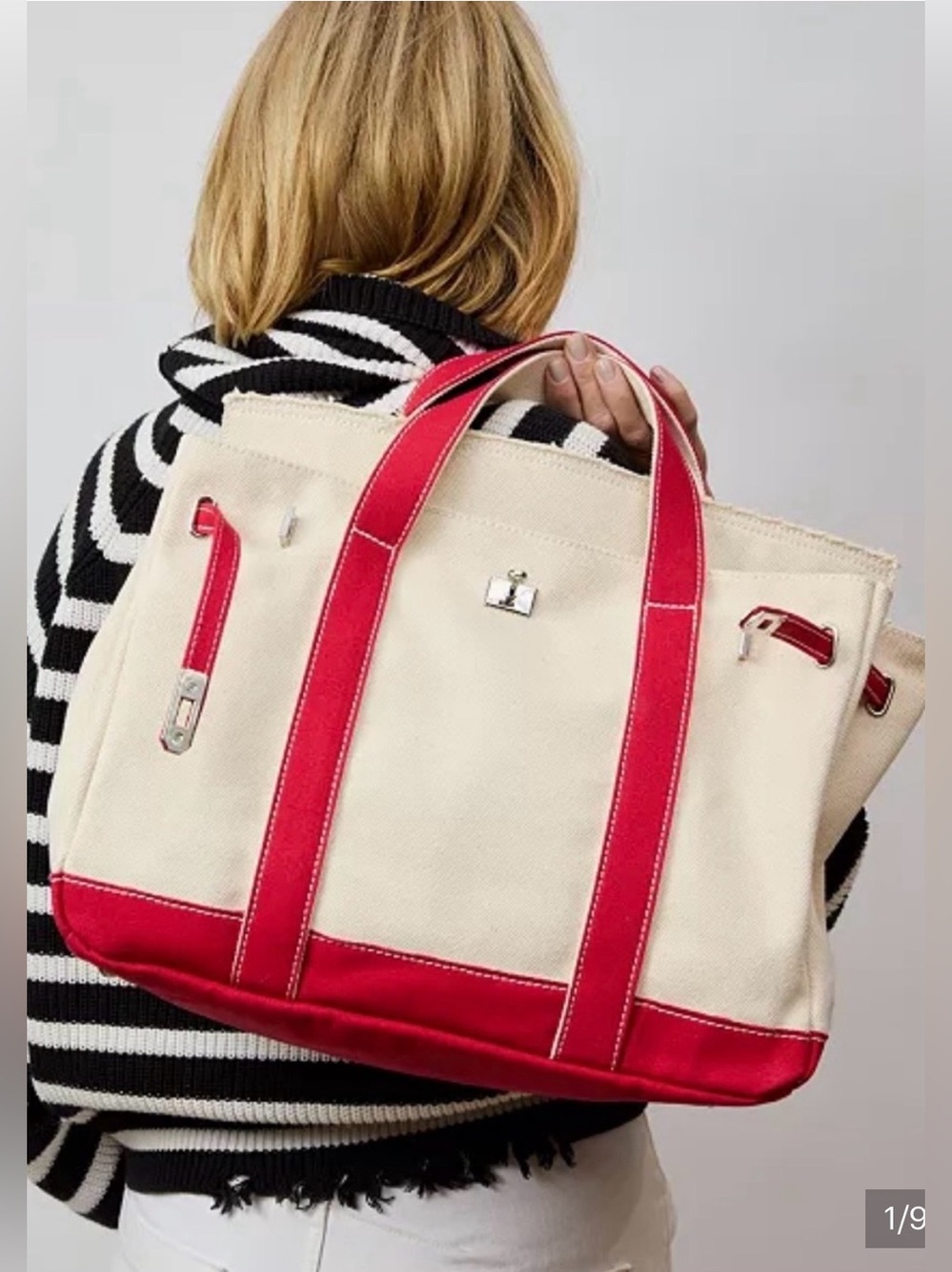 New Boatkin Large Canvas Tote with Red Trim - Silver Hardware Classic Carry All